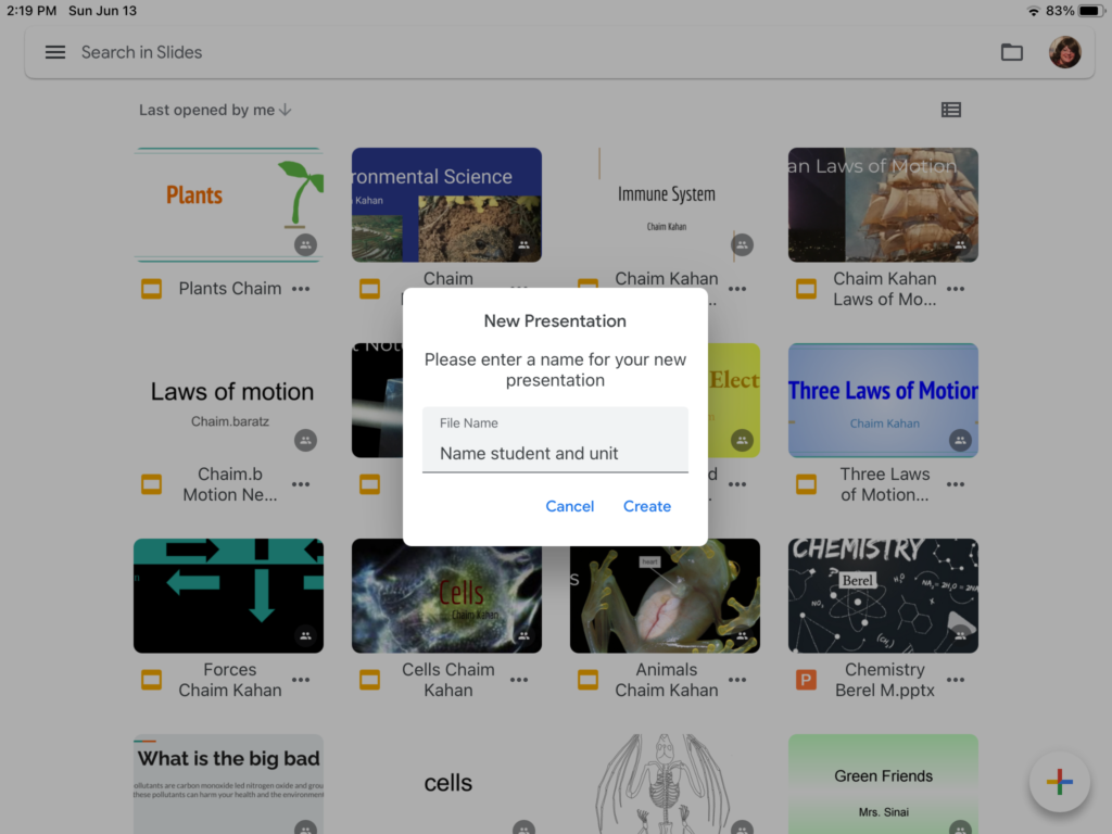Create a new presentation in Google slides for digital notebook