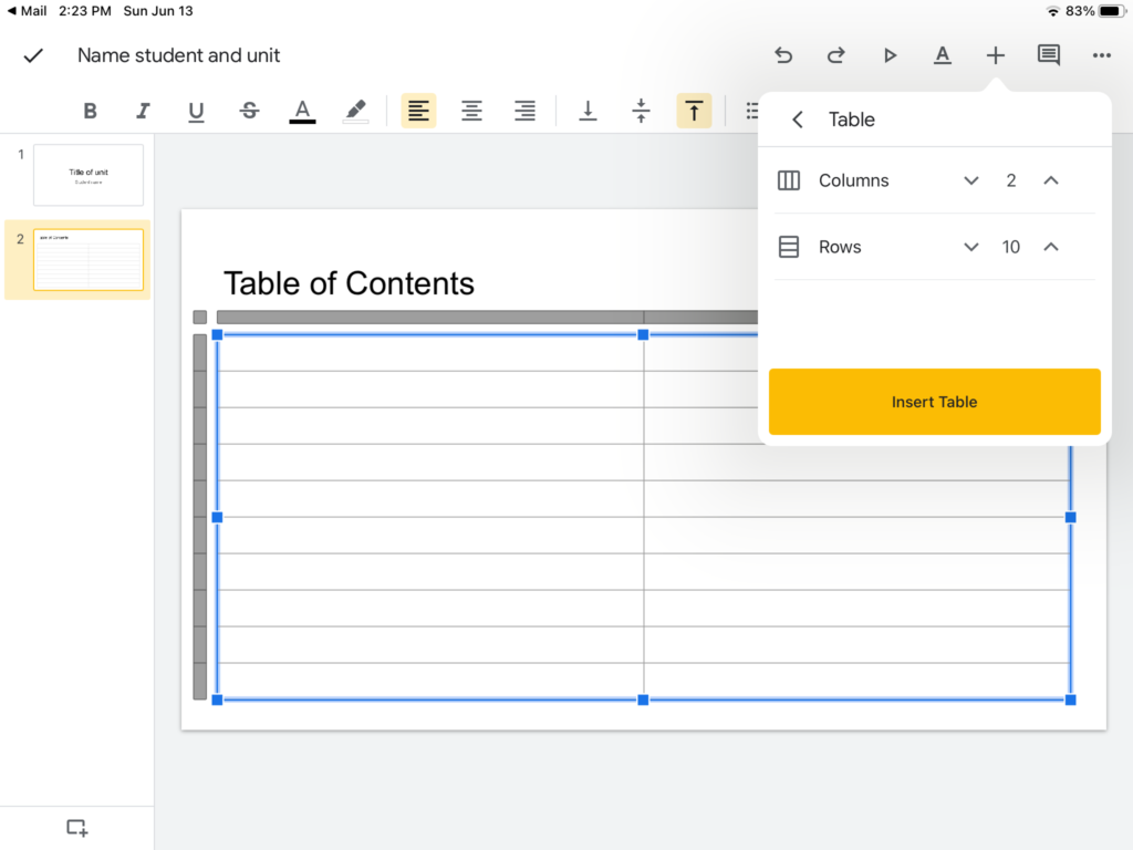 Creating a table of contents in google slides