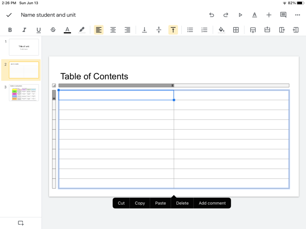 Creating the table of contents for a Google slides presentation using title only slides.