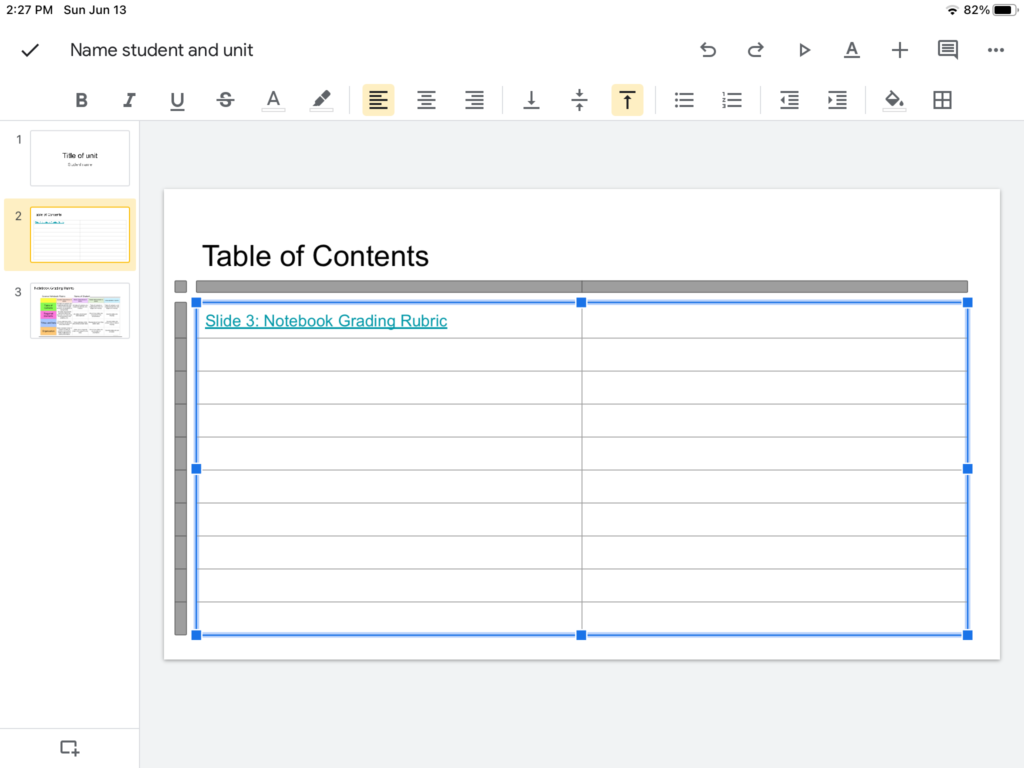 Creating table of contents in google slides