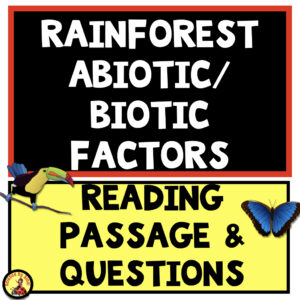 Rainforest abiotic and biotic reading comprehension passage with questions. Science by Sinai