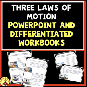 Laws of motion PowerPoint with differentiated workbooks. Science by Sinai