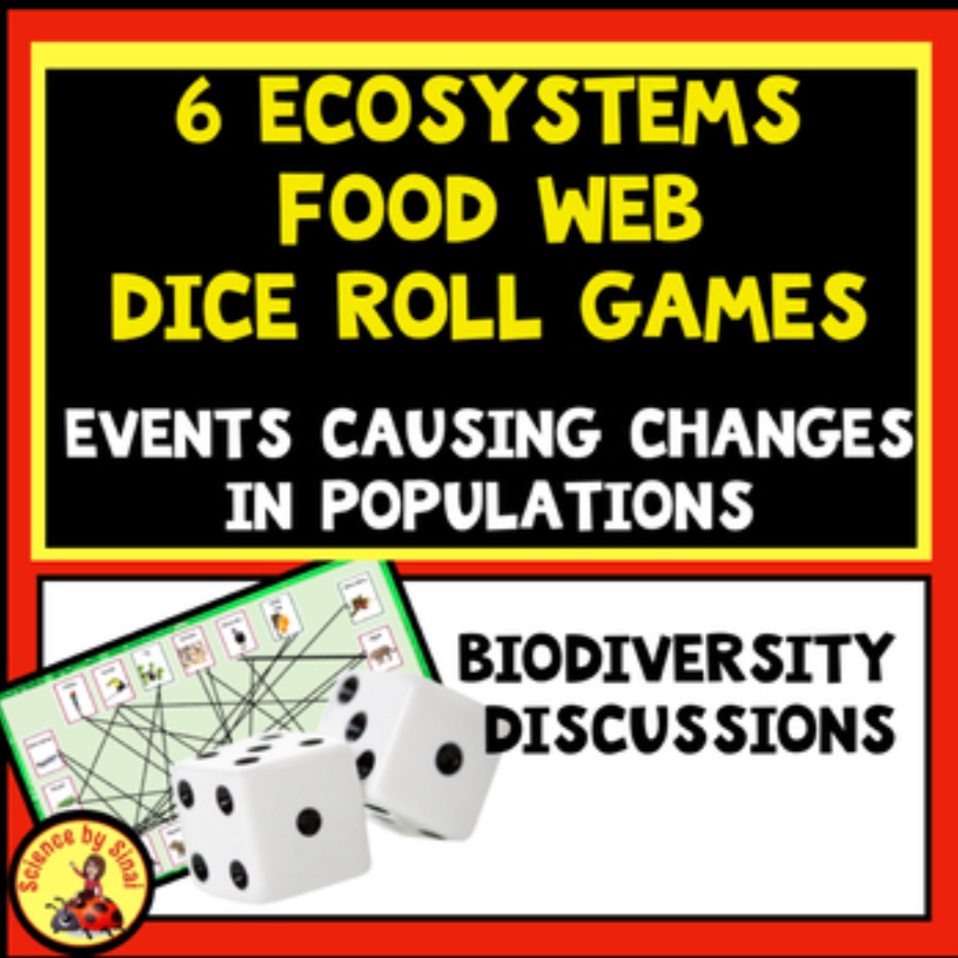 Six ecosystems food web dice roll games ,  events causing changes in populations ,biodiversity discussions sciencebysinai.com